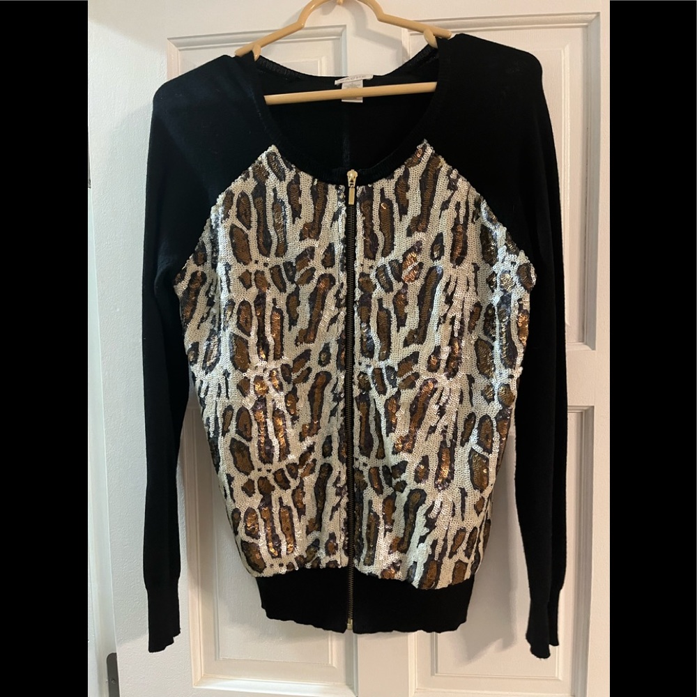 Cache Front Zip Sequin Leopard Print Sweater - image 1
